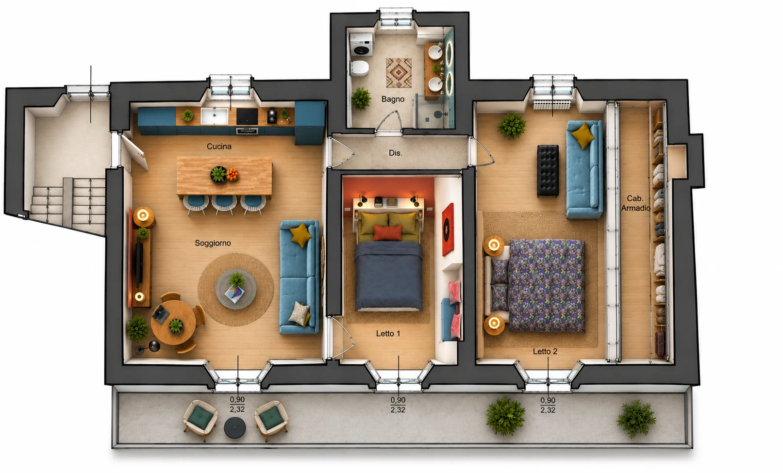 Plan 2D meublé illustrant les espaces
